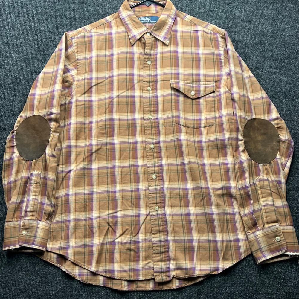 Polo Ralph Lauren Mens Large Plaid Button Up Shirt Suede Elbow Patches Brown L